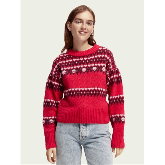 Scotch & Soda Fairisle Knitted Cable Jumper Red